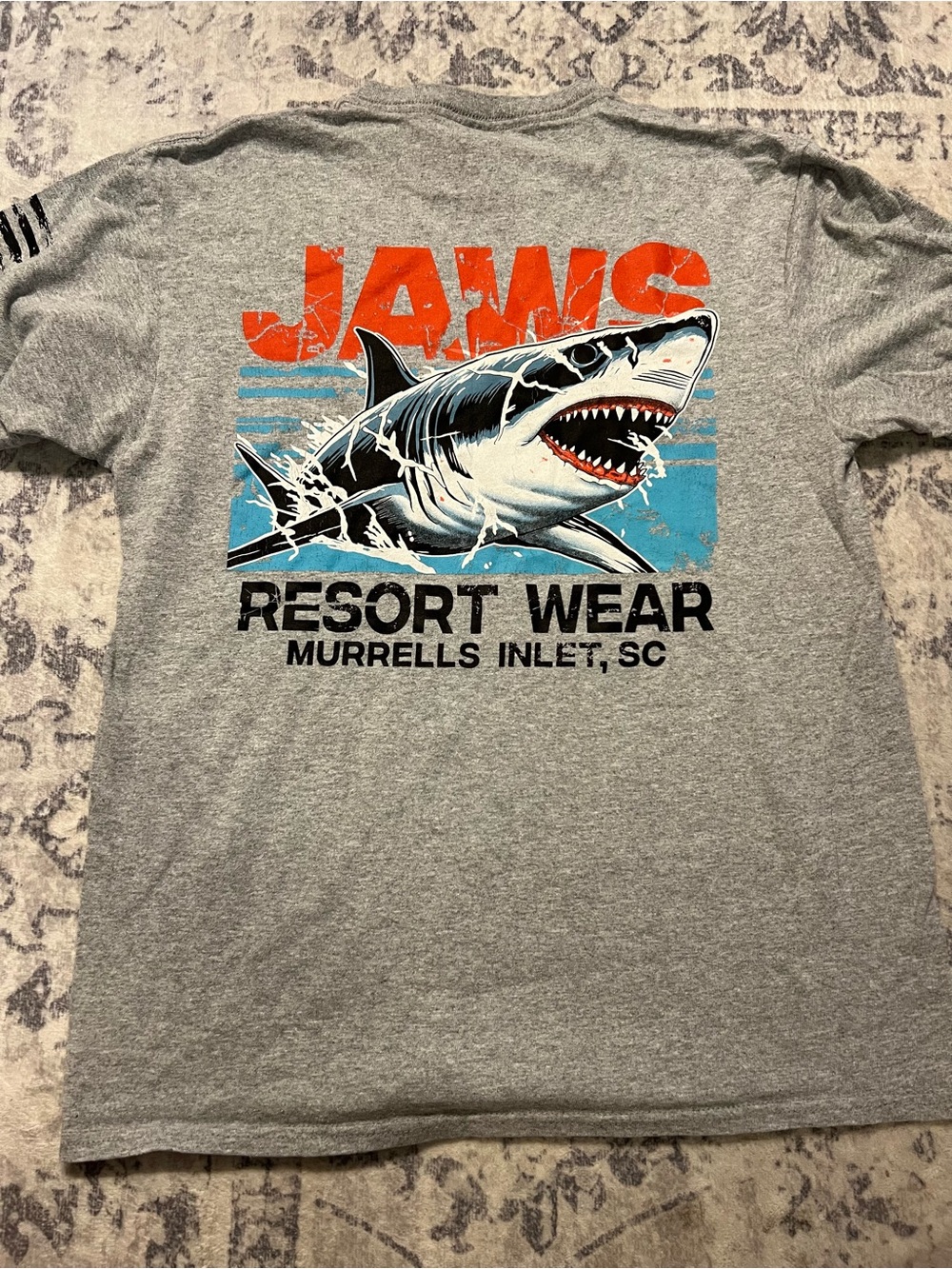 JAWS Resort Wear Graphic Tee - Gray with Orange & Blue Shark Print